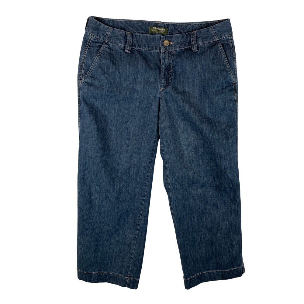 Eddie Bauer Women 10 Dark Wash Denim Crop Pants Straight Leg Blue Stretch Capri